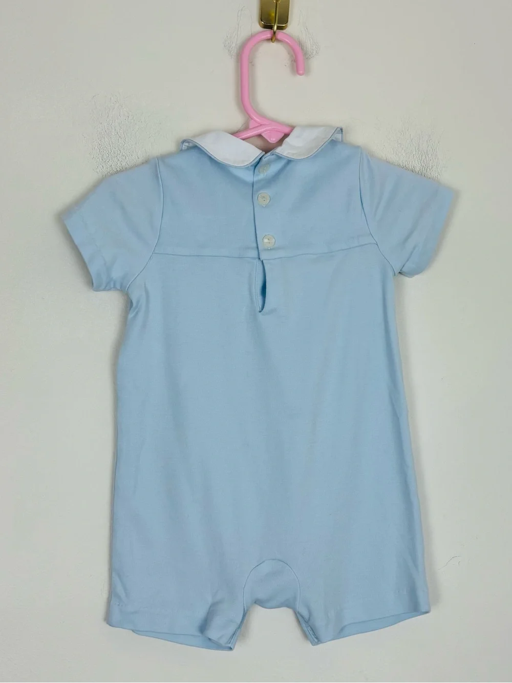 Ralph Lauren blue Pima cotton romper Peter Pan collar smocking. 6 months